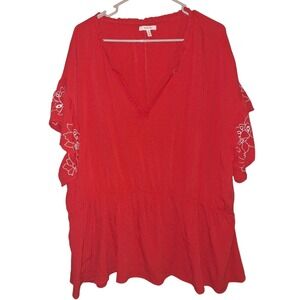 Maurices Womens 3X Red Embroidered Flutter Sleeve V-Neck Peplum Blouse Top